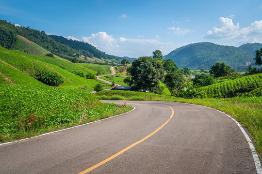 The beautiful Curve 33 highway winds through a lush green mung bean field in Mae Sot, Tak, Thailand. This scenic border road offers a stunning landscape view of rolling hills and nature.