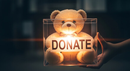 Holding a Teddy Bear in a Donate Box for Charity in Low Light