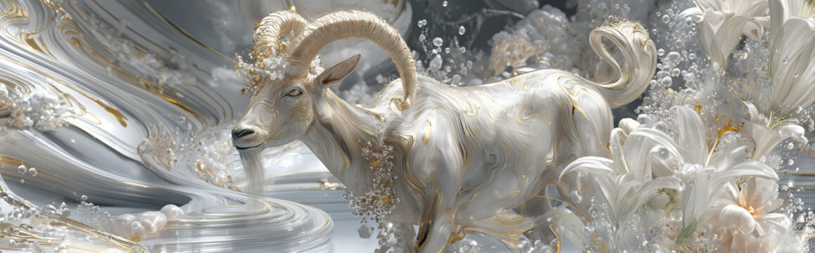 Celestial White Sea Goat in Platinum Dreamscape Capricorn Zodiac Fantasy Fine Art Illustration