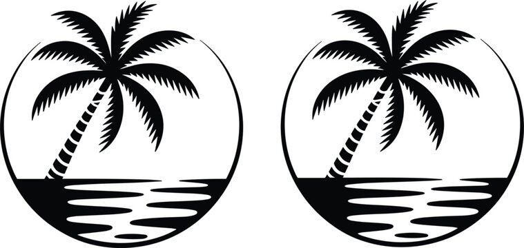 Two palm trees in circles against a calm ocean during sunset concept for vacation or travel
