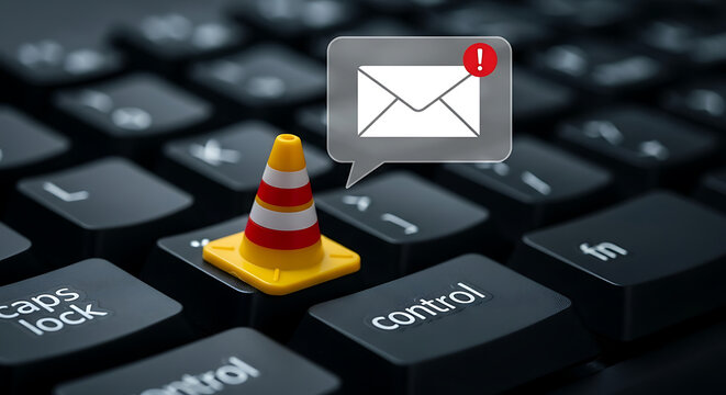 Traffic cone on a computer keyboard with an email notification icon