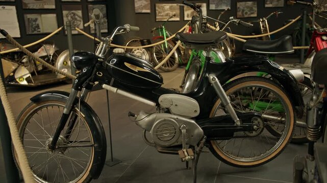 Beautiful vintage motorcycle collection inside TOP Mountain Motorcycle Museum Crosspoint in Austria with historic classic bikes and alpine tourism in Europe