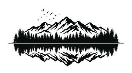 Obraz premium Mountain Range Silhouette With Reflection And Birds Black And White