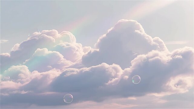 Whimsical pastel cloudscape with a soft rainbow arc and floating transparent soap bubbles in a calm sky.