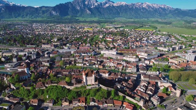 Aerial view around the old town of the city Thun, switzerland on a sunny spring morning