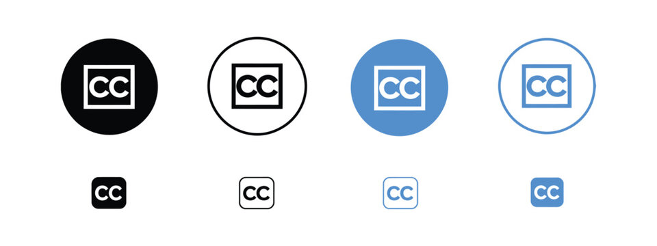 Closed caption icons featuring video subtitles, accessibility controls, media playback, and clean minimalist vector graphics for streaming platforms and user interface design.