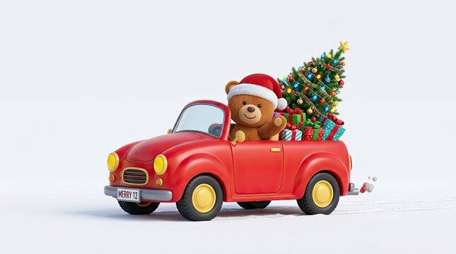 Charming christmas scene teddy bear driving red car with christmas tree festive holiday concept