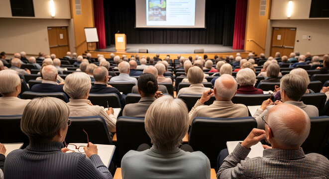 Large Audience of Seniors Attending Educational Seminar in a Conference Hall with Presenter on Stage Displaying Information on a Projector Screen