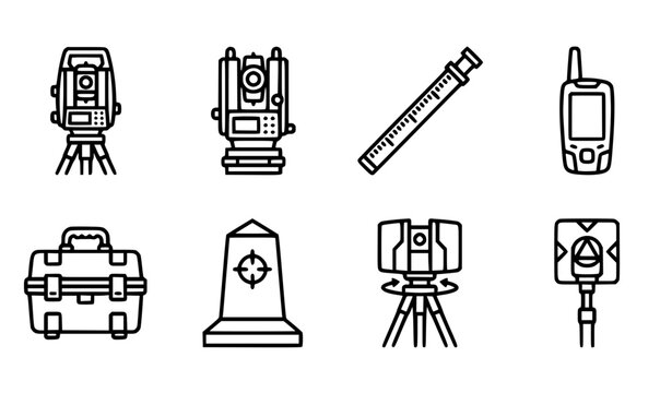Land Surveying and Geodesy Engineering Equipment Line Icon Set featuring Total Station, Theodolite, Measuring Staff, Handheld GPS, Toolbox, Boundary Monument, Laser Scanner, and Prism Pole