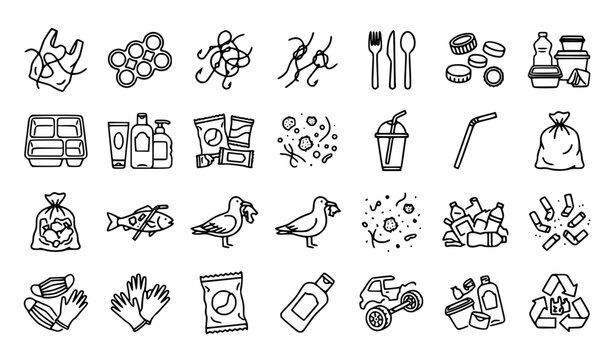 Plastic Pollution and Waste Management Line Icon Set for Environmental Campaigns, Recycling Awareness Programs, Ocean Conservation Material, and Eco Friendly Infographics