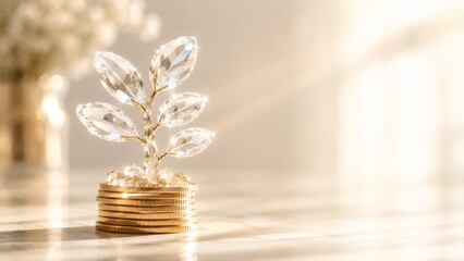 Fototapeta premium Financial growth and long term investment success concept with crystal plant growing on coins