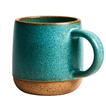 Teal ceramic coffee mug with brown base and handle on transparent background blue cup isolated kitchen