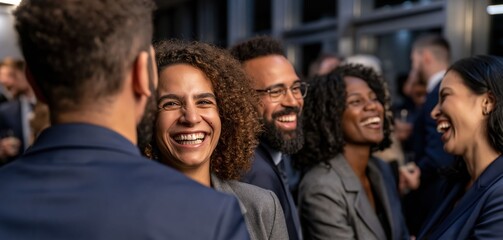 Fototapeta premium Professionals socialize at an exhibition hall, sharing smiles and conversation that reflect business networking, trust, and relationship building.