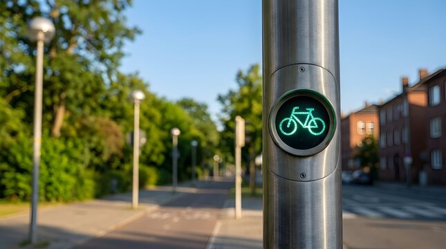 Green illuminated bicycle crossing signal button on a metal pole highlighting urban cycling infrastructure and safe eco friendly transportation