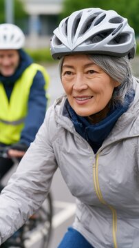 Senior Asian female cyclist wearing a gray jacket and helmet rides a bicycle on a paved path with another cyclist in a yellow vest visible in the background