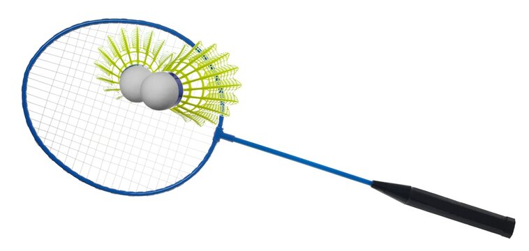 Badminton racket and yellow ball flying, isolated on white background, clipping path	