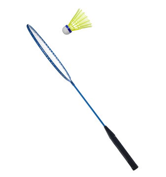Badminton racket and yellow ball flying, isolated on white background, clipping path	