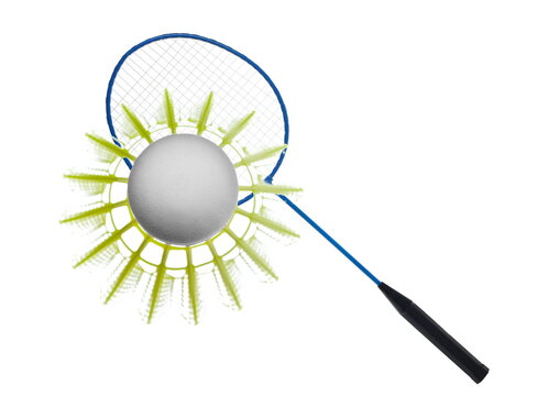 Badminton racket and yellow ball flying, isolated on white background, clipping path	