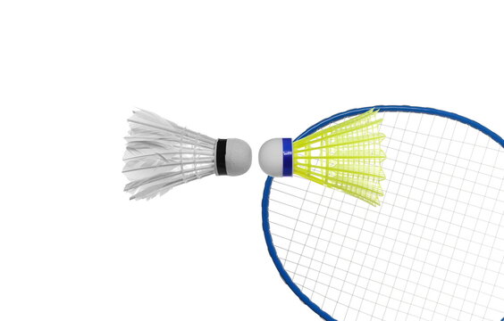 Badminton racket and yellow ball flying, isolated on white background, clipping path	