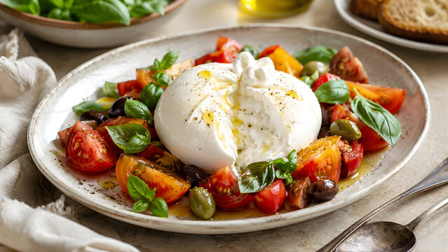 Fresh burrata cheese salad with ripe tomatoes and basil