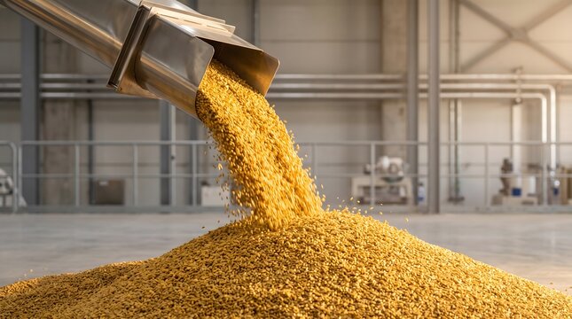 Golden grain seeds pouring from a metal industrial chute into a pile inside a modern warehouse facility industrial agriculture commercial technology abstract concept