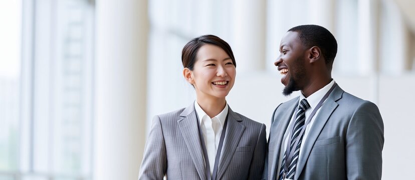 Professionals socialize at an exhibition hall, sharing smiles and conversation that reflect business networking, trust, and relationship building.