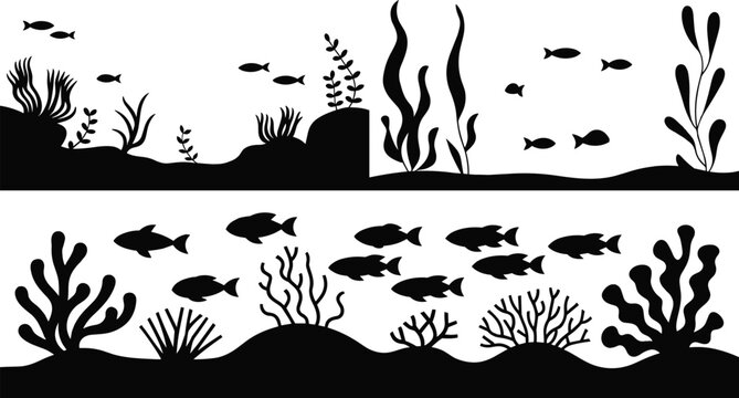 Underwater Sea Life Silhouette Border Collection Set with Fish Coral and Ocean Plants Vector Scenes