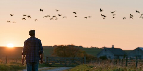 Fototapeta premium Man watching birds fly at sunset
