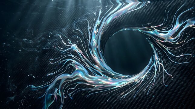 Elite subaquatic backdrop capturing liquid iridescent mother of pearl opal fluid swirling over woven black carbon fiber with an asymmetric center copy space