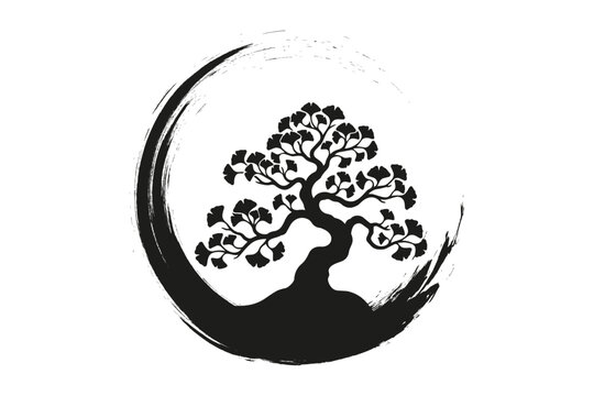 Enso Zen Circle and ginkgo tree bonsai, hand-drawn with black ink in traditional Japanese style sumi-e, Vector logo design in Paint Brush art style, isolated on white background