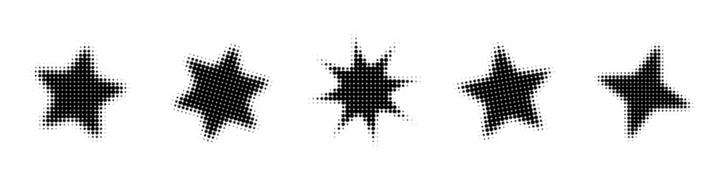 Halftone stars set with grunge dotted fade texture. Abstract comic pop art elements. Half tone grainy starburst collection. Pixel twinkling star. Vector illustration
