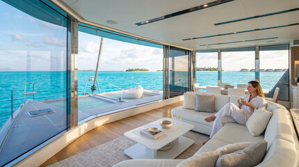 Fototapeta premium Woman relaxing in luxury modern yacht living area.