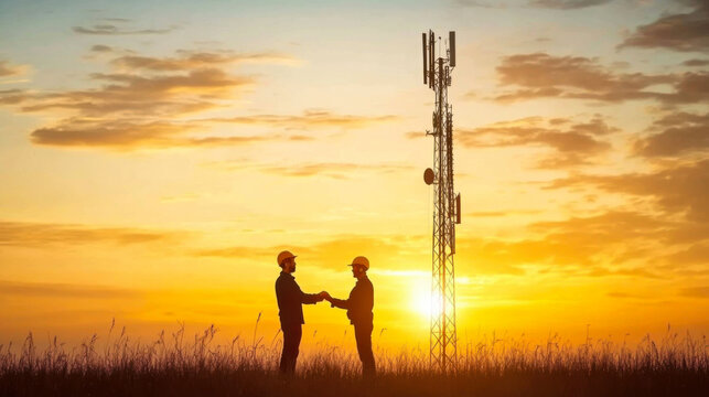 Silhouette Engineer worker man and woman working wearing helmets doing field work telecommunication tower