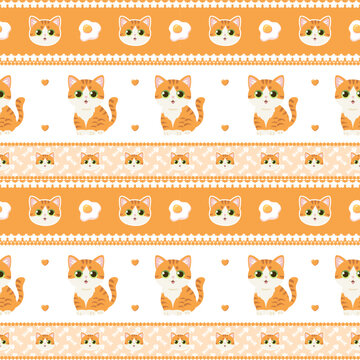 Cute orange cat and fried egg seamless border pattern, cartoon kitten ribbon lace background for fabric