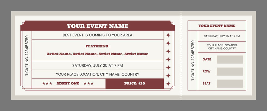 Retro style event ticket template. Vintage style invitation card template. Party ticket card design.