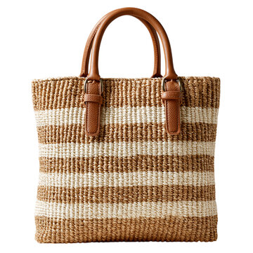 Brown and beige striped woven tote bag with leather handles on transparent background handbag straw handle