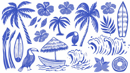 Tropical Elements Collection A Blue Sketch Illustration With Palm Trees Hibiscus Flowers Toucans And Surfboards motif theme © Sampad