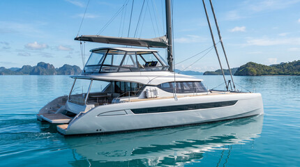 Fototapeta premium White catamaran sailing in tropical blue water with islands.