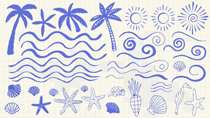 Nautical themed sketch featuring palm trees waves shells and suns in a blue line drawing style beachcombing © Sampad