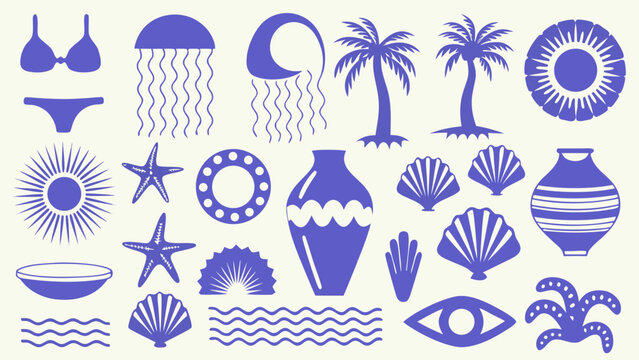 Mediterranean Beach Silhouettes Collection A Blue Vector Illustration Against A Pale Yellow Background bikini top bottom bathing
