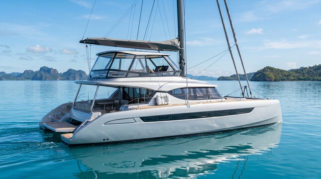 White catamaran sailing in tropical blue water with islands.