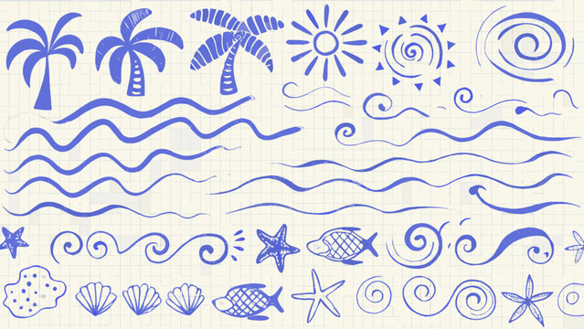 Nautical themed doodles featuring palm trees waves seashells and fish in a blue sketch style beach coastal