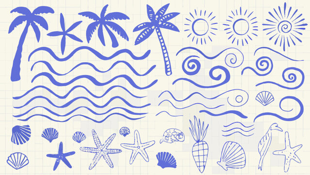 Nautical themed sketch featuring palm trees waves shells and suns in a blue line drawing style beachcombing