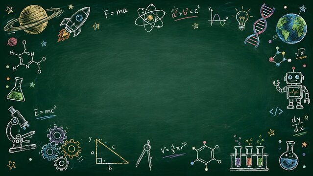 Science and education background with handdrawn chalk illustrations of physics, chemistry, biology, and mathematics symbols on a green chalkboard