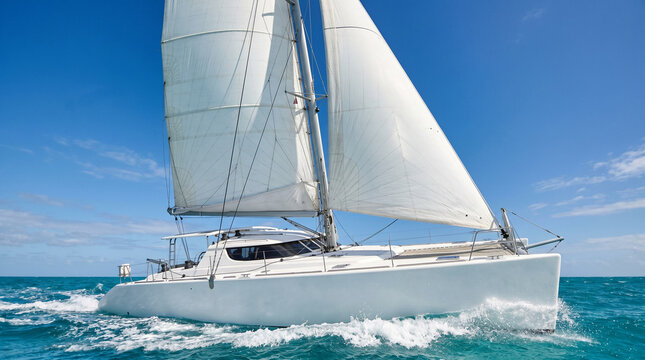 White catamaran sailing on turquoise ocean under blue sky