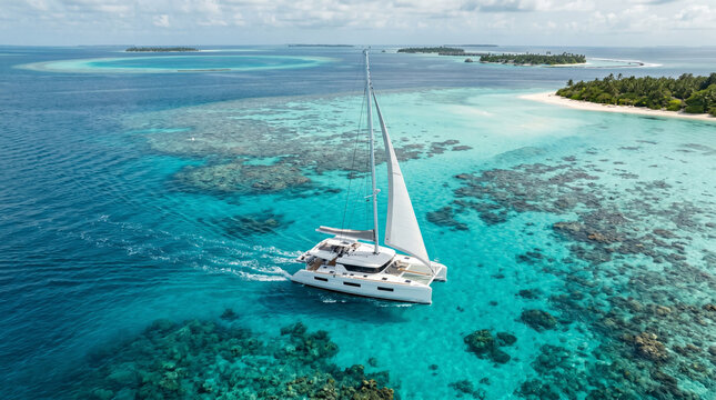 White sailboat cruising near tropical islands and coral reefs.