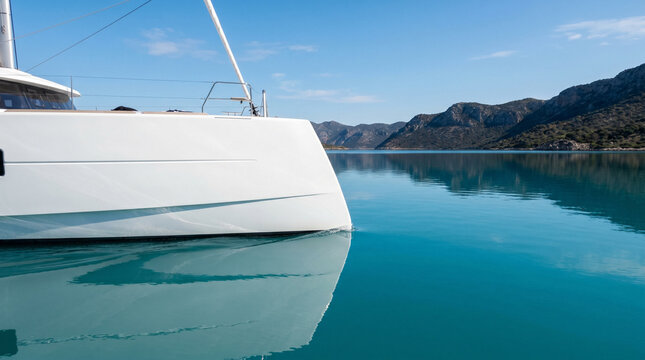 White sailboat hull on calm turquoise mountain lake.