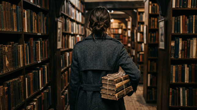 Woman carrying old books in dark vintage library