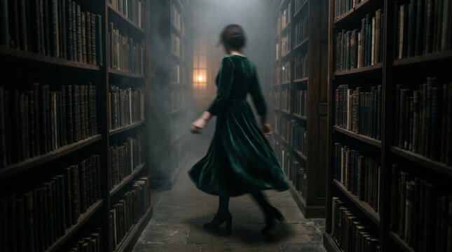 Woman in green dress walking through dark library.