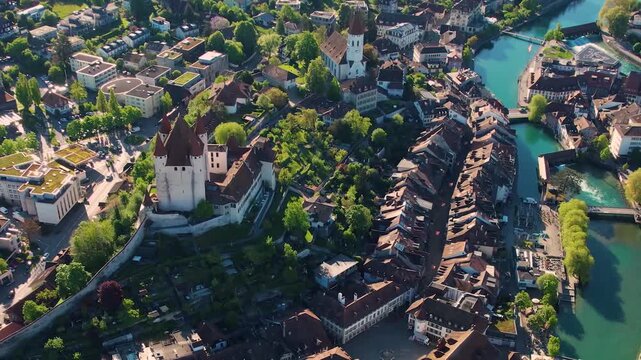 Aerial view around the old town of the city Thun, switzerland on a sunny spring morning